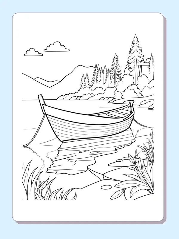 Tied Rowboat near the Trees coloring page: black and white line art to print or color online