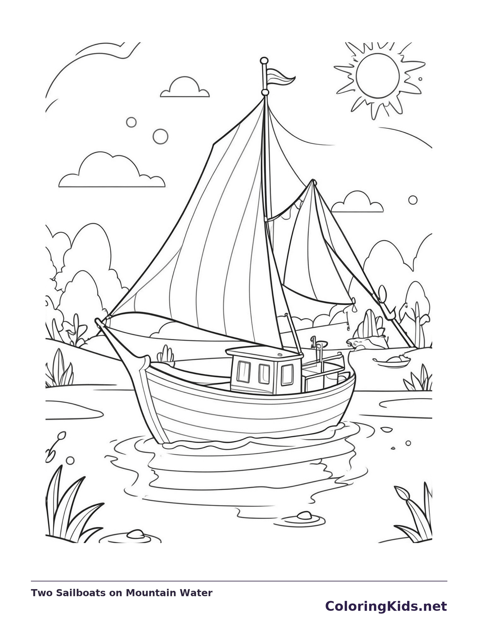 Two Sailboats on Mountain Water coloring page: black and white line art to print or color online