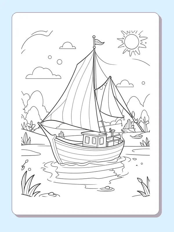 Two Sailboats on Mountain Water coloring page: black and white line art to print or color online