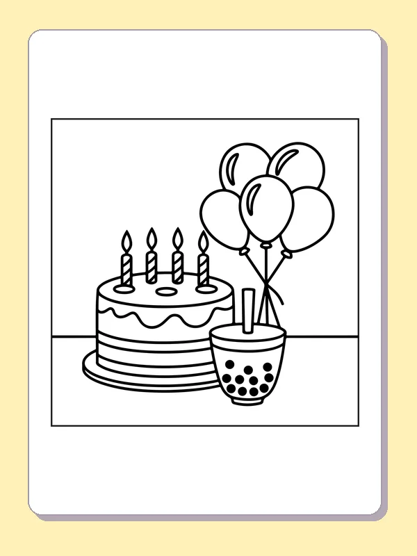 Black and white printable birthday cake beside boba coloring sheet
