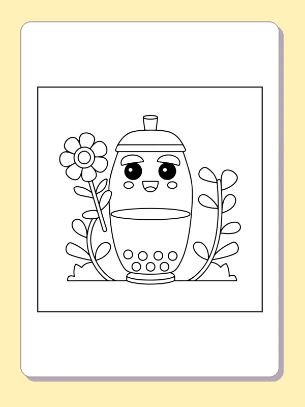 Black and white printable boba among flowers coloring sheet