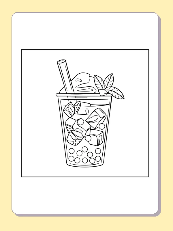 Black and white printable boba drink with ice and mint coloring sheet