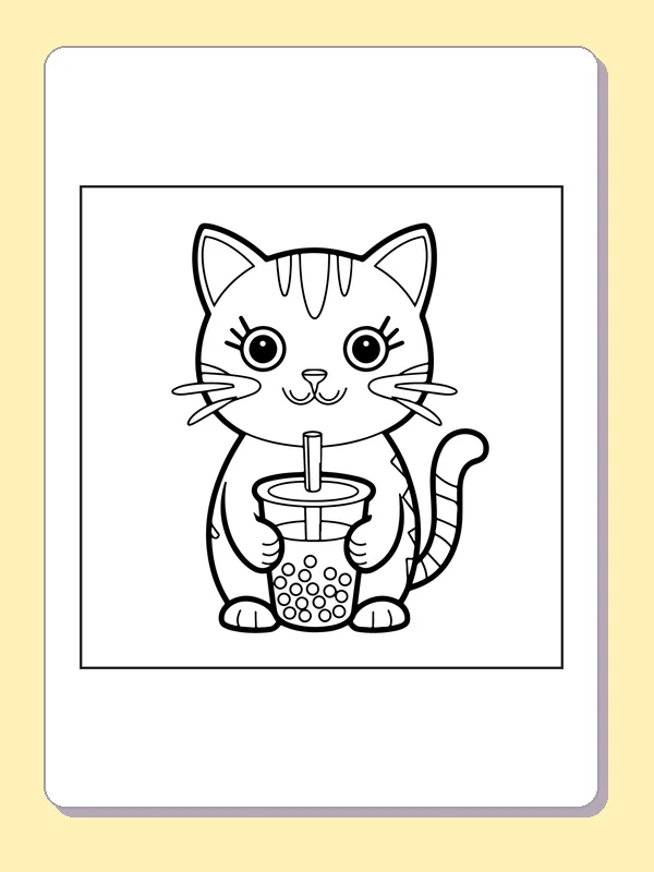 Black and white printable cat sipping bubble tea coloring sheet