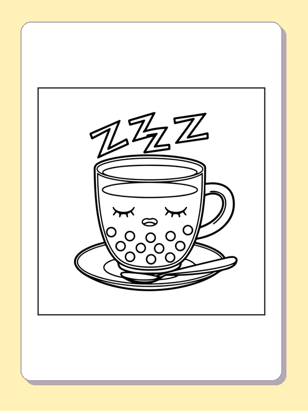 Black and white printable drowsy tea cup on a saucer coloring sheet