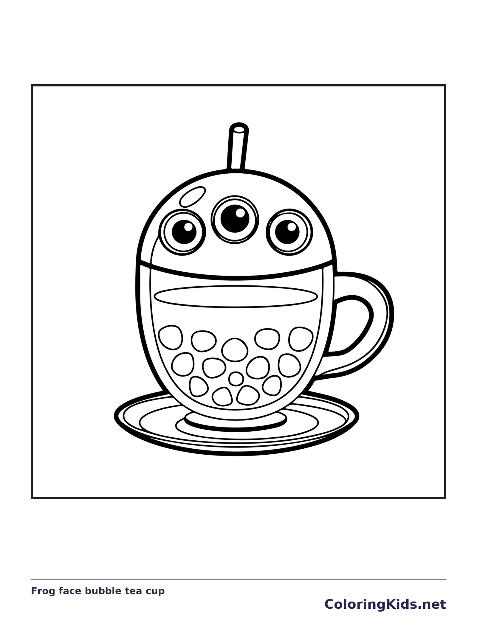 Black and white printable frog face bubble tea cup coloring sheet