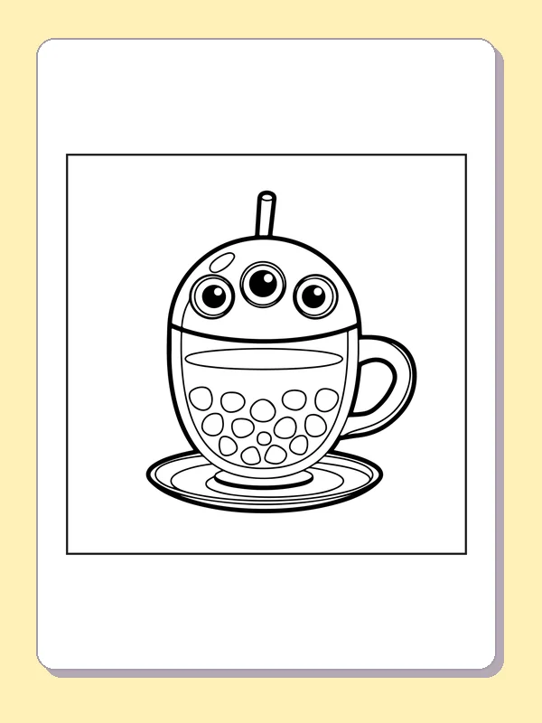 Black and white printable frog face bubble tea cup coloring sheet