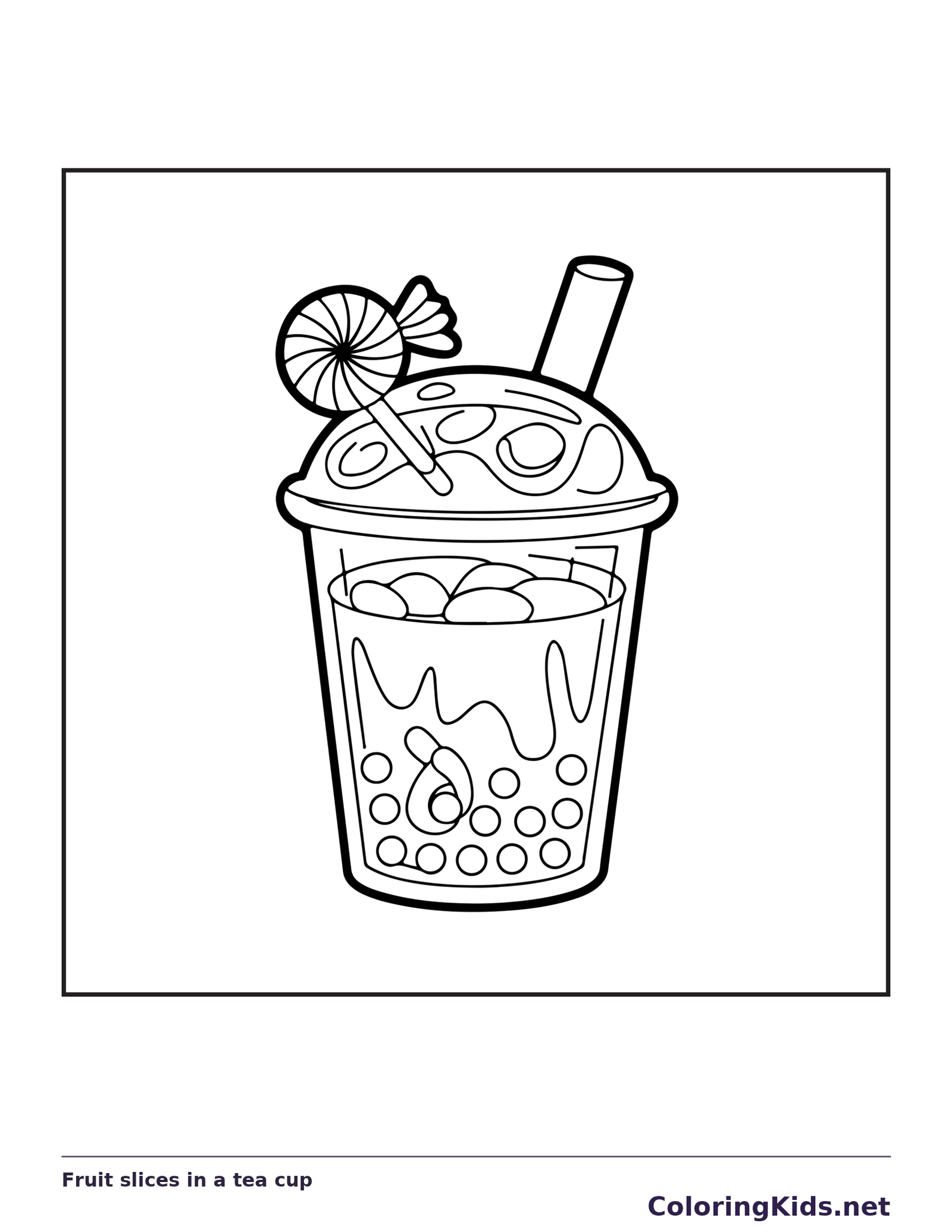 Black and white printable fruit slices in a tea cup coloring sheet