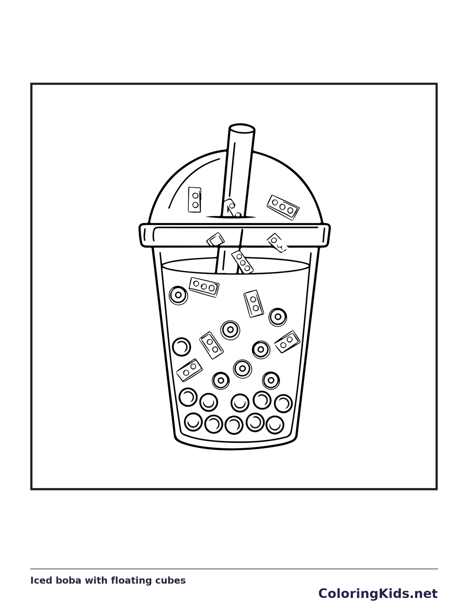 Black and white printable iced boba with floating cubes coloring sheet