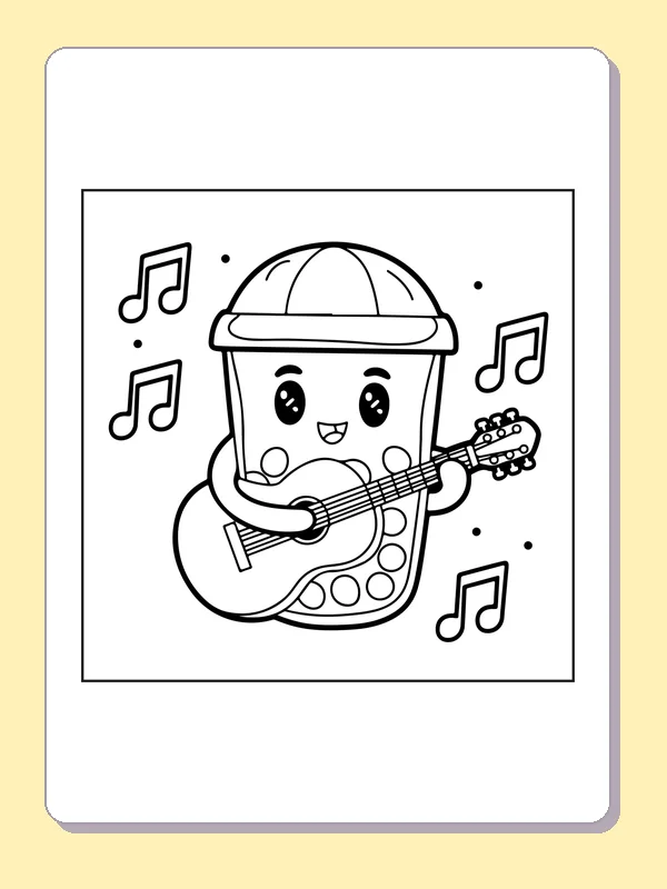 Black and white printable singing boba with a guitar coloring sheet