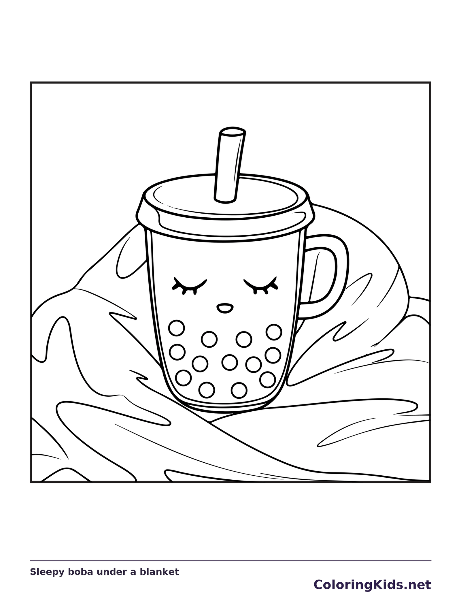 Black and white printable sleepy boba under a blanket coloring sheet