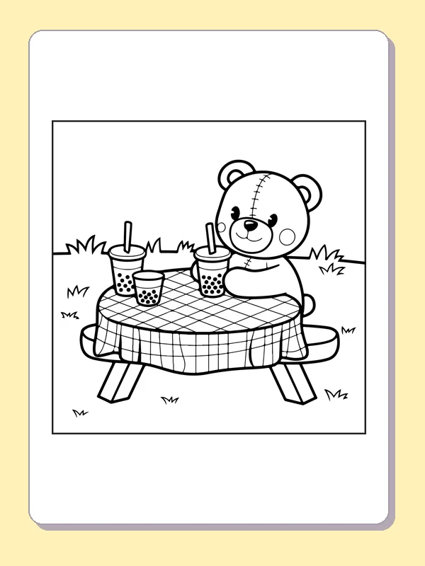 Black and white printable teddy bear at a boba picnic coloring sheet