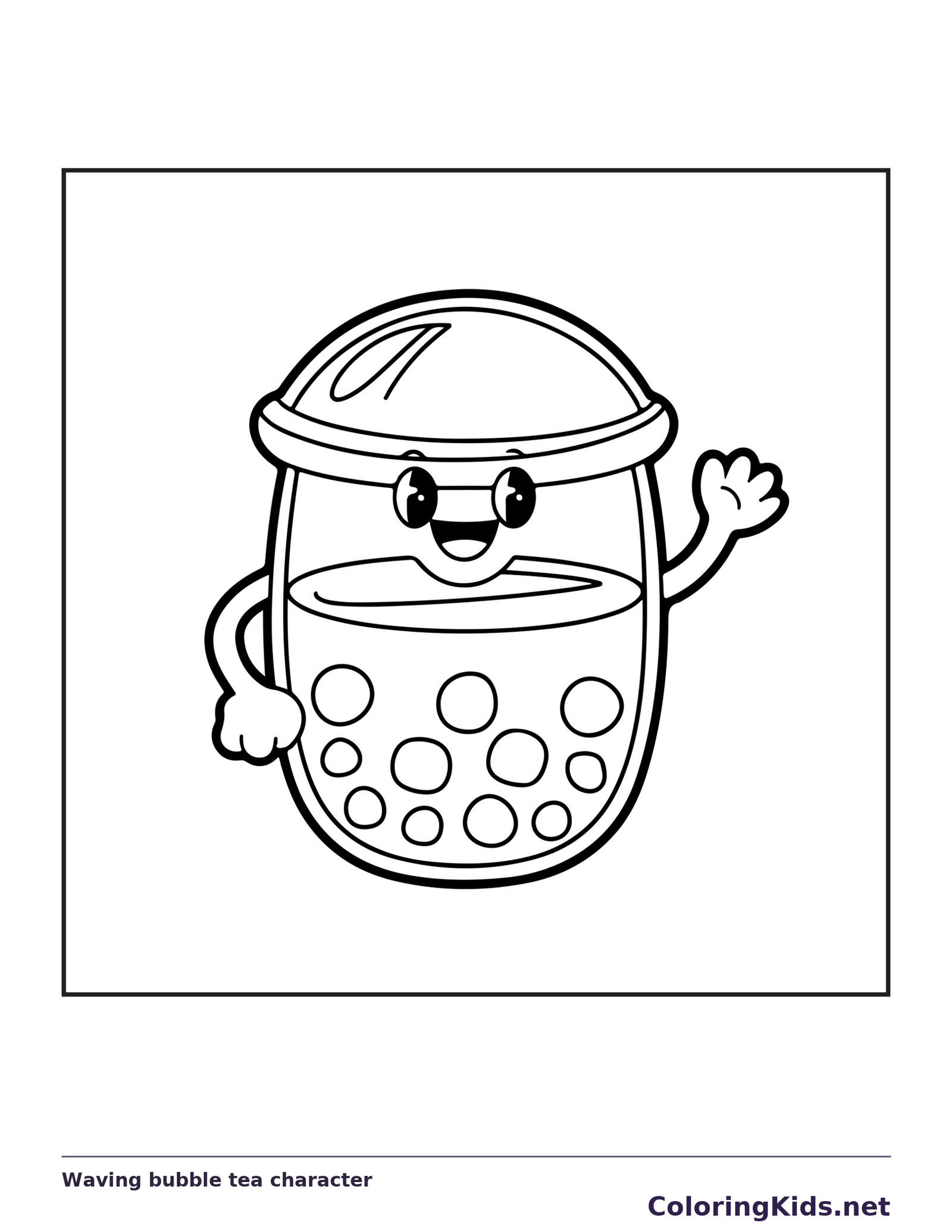 Black and white printable waving bubble tea character coloring sheet
