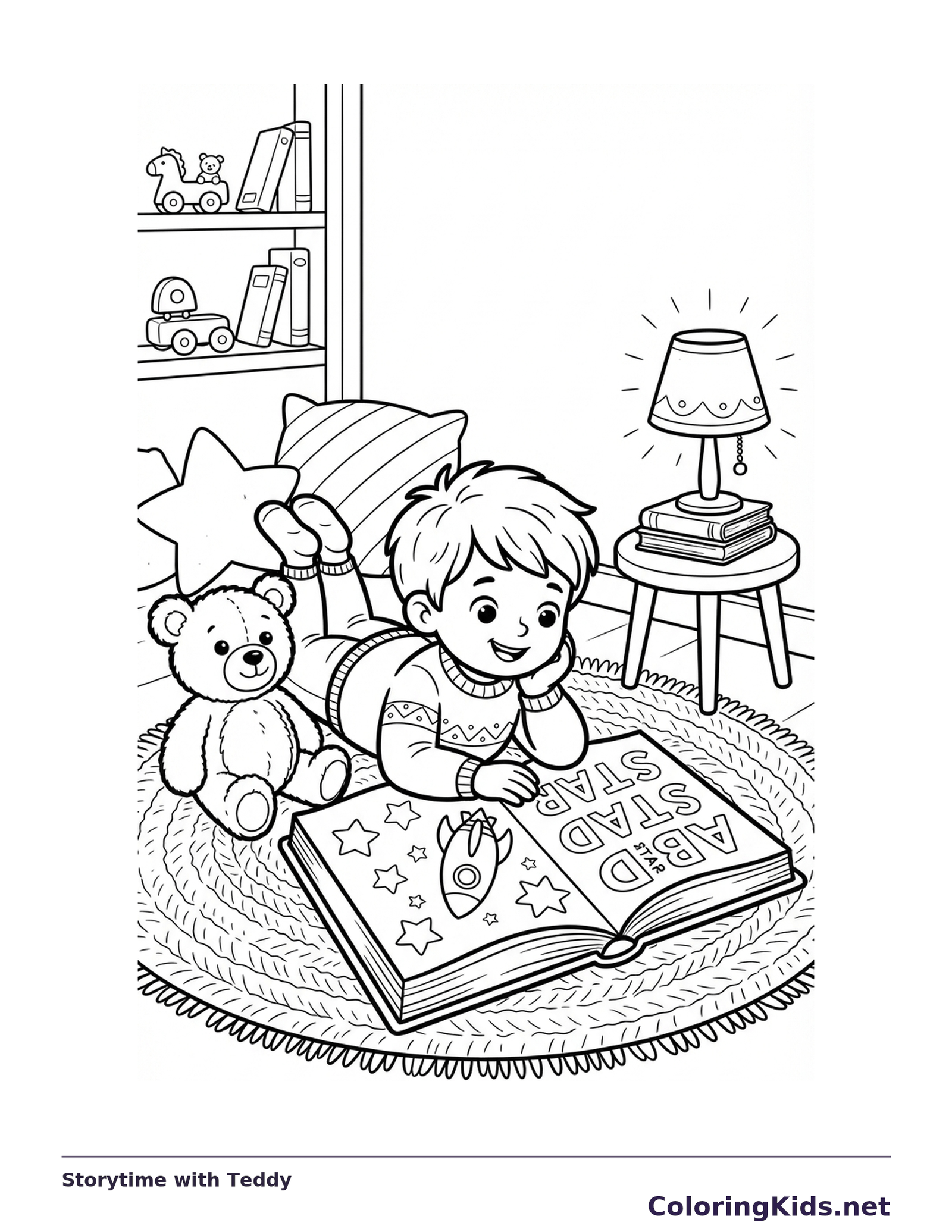 Child leaning over a storybook beside a teddy bear and lamp