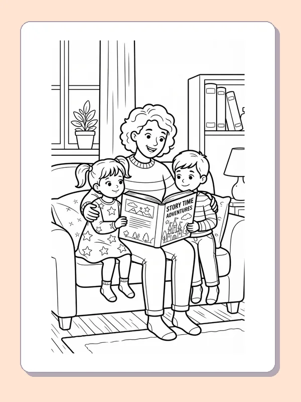 Grown-up reading a book with two children on a sofa