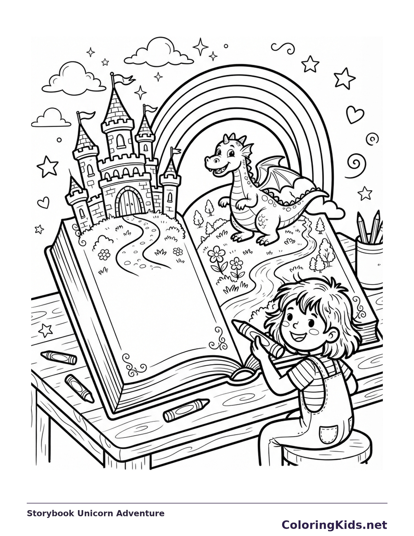 A child beside a giant open book with a castle, unicorn and rainbow rising from its pages.
