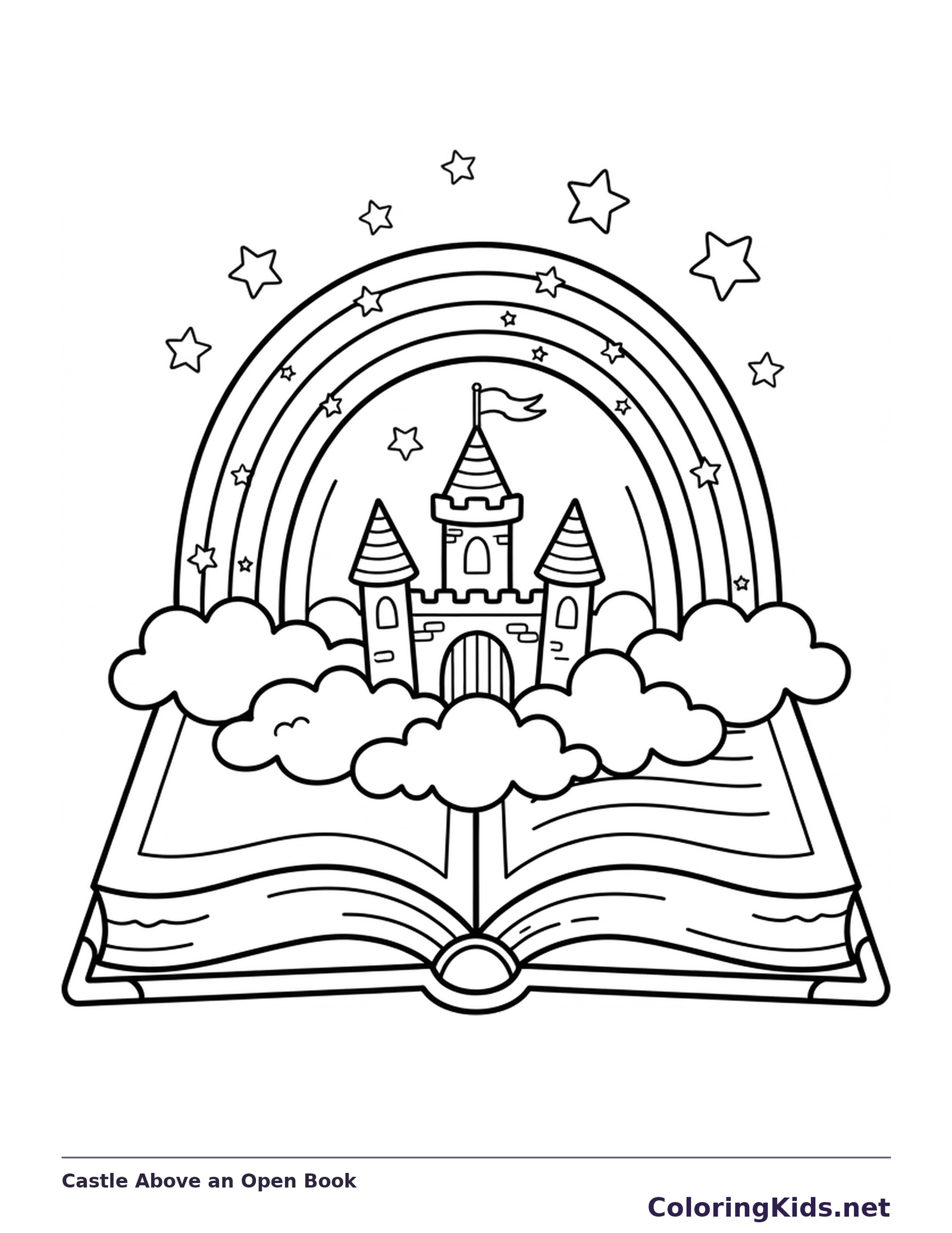 Open storybook with castle, rainbow, clouds and stars rising above it