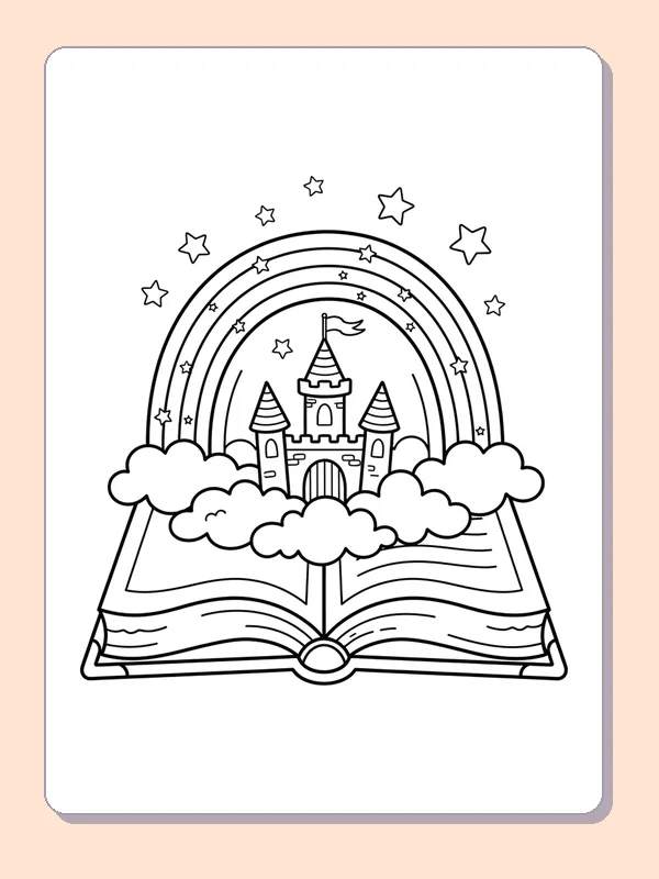 Open storybook with castle, rainbow, clouds and stars rising above it