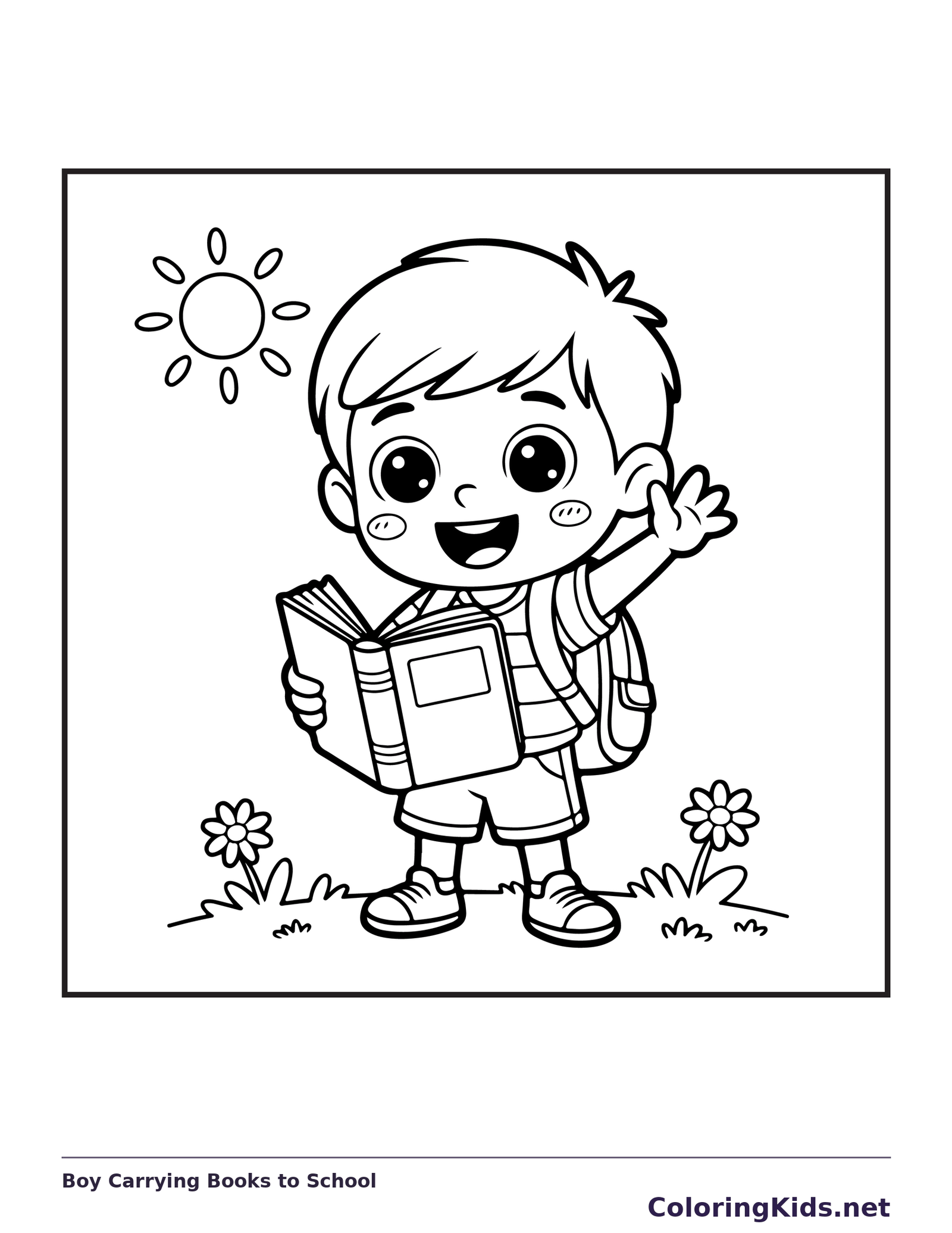 Black and white printable boy carrying books to school coloring sheet