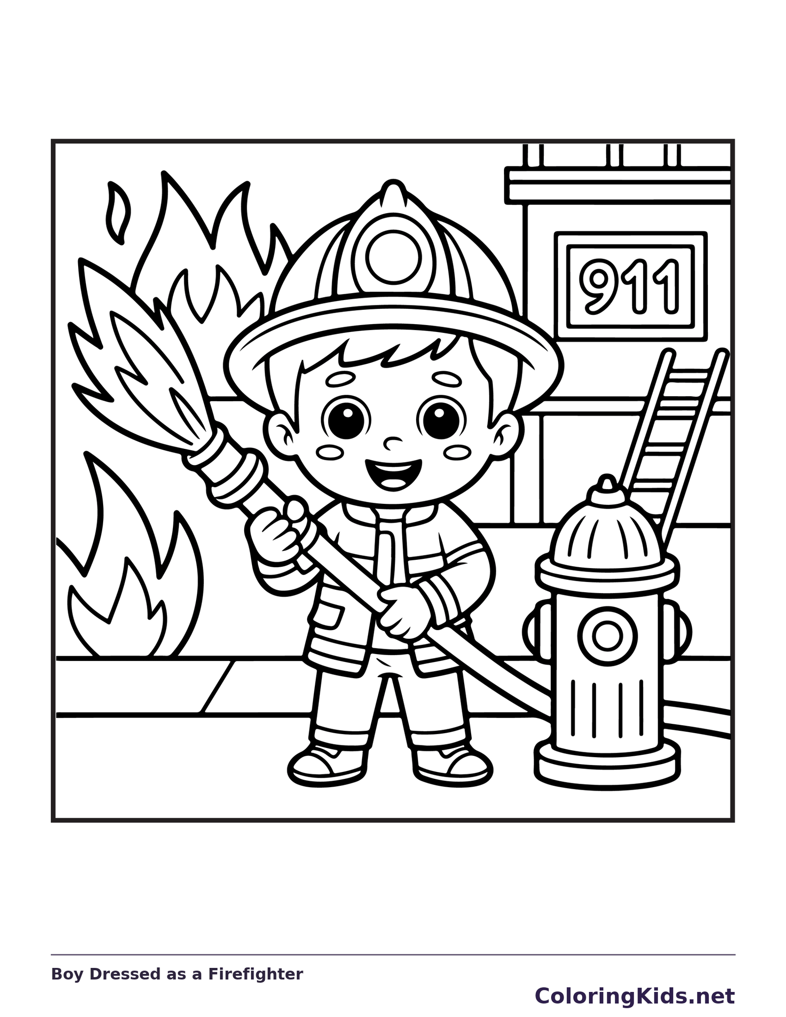 Black and white printable boy dressed as a firefighter coloring sheet