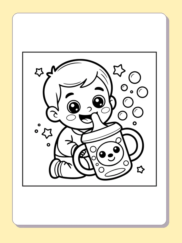 Black and white printable boy drinking from a smiling mug coloring sheet