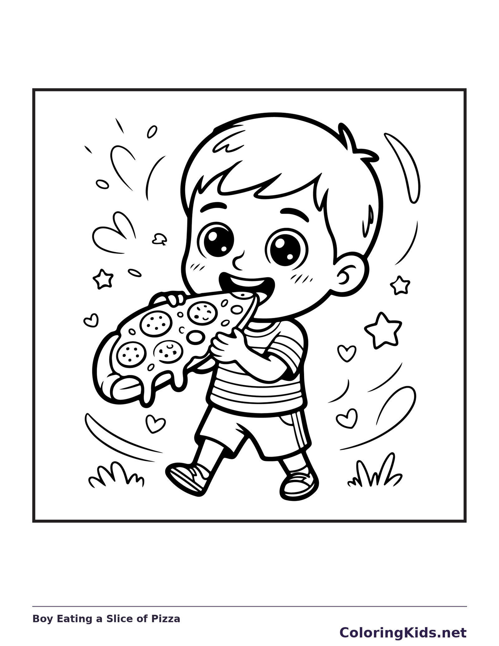 Black and white printable boy eating a slice of pizza coloring sheet