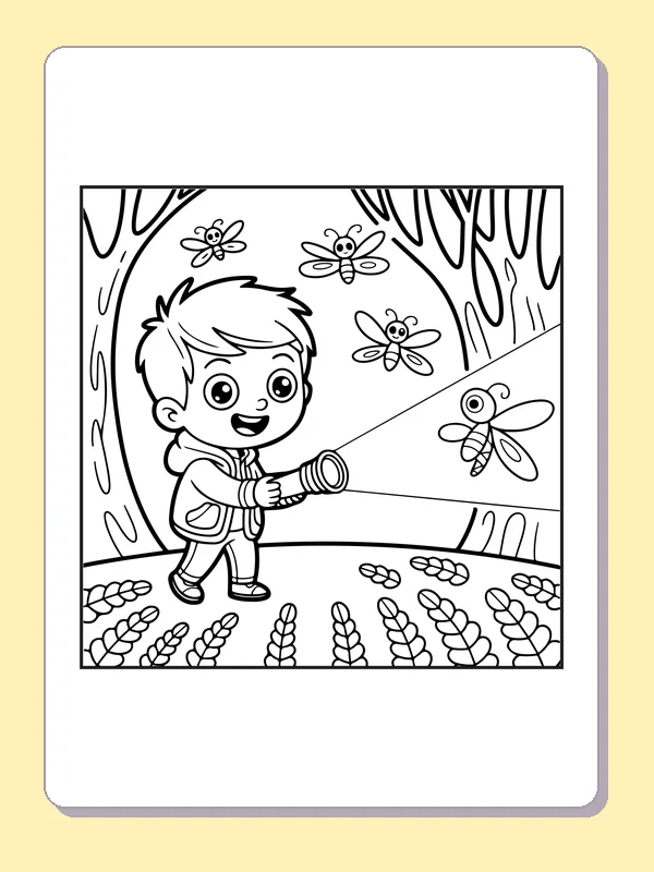 Black and white printable boy exploring with a flashlight coloring sheet