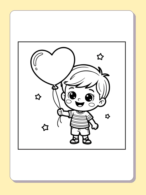 Black and white printable boy holding a heart balloon coloring sheet