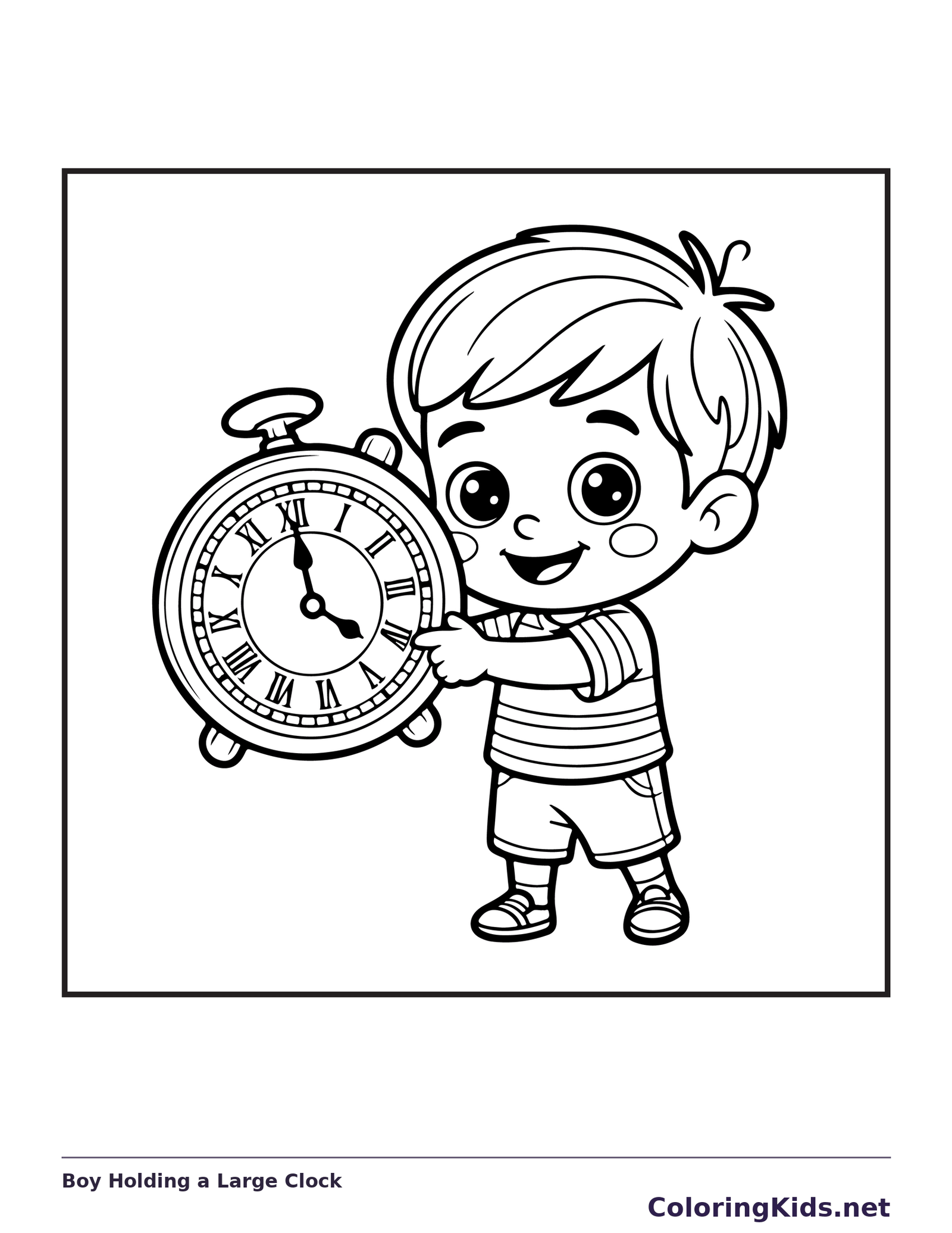 Black and white printable boy holding a large clock coloring sheet