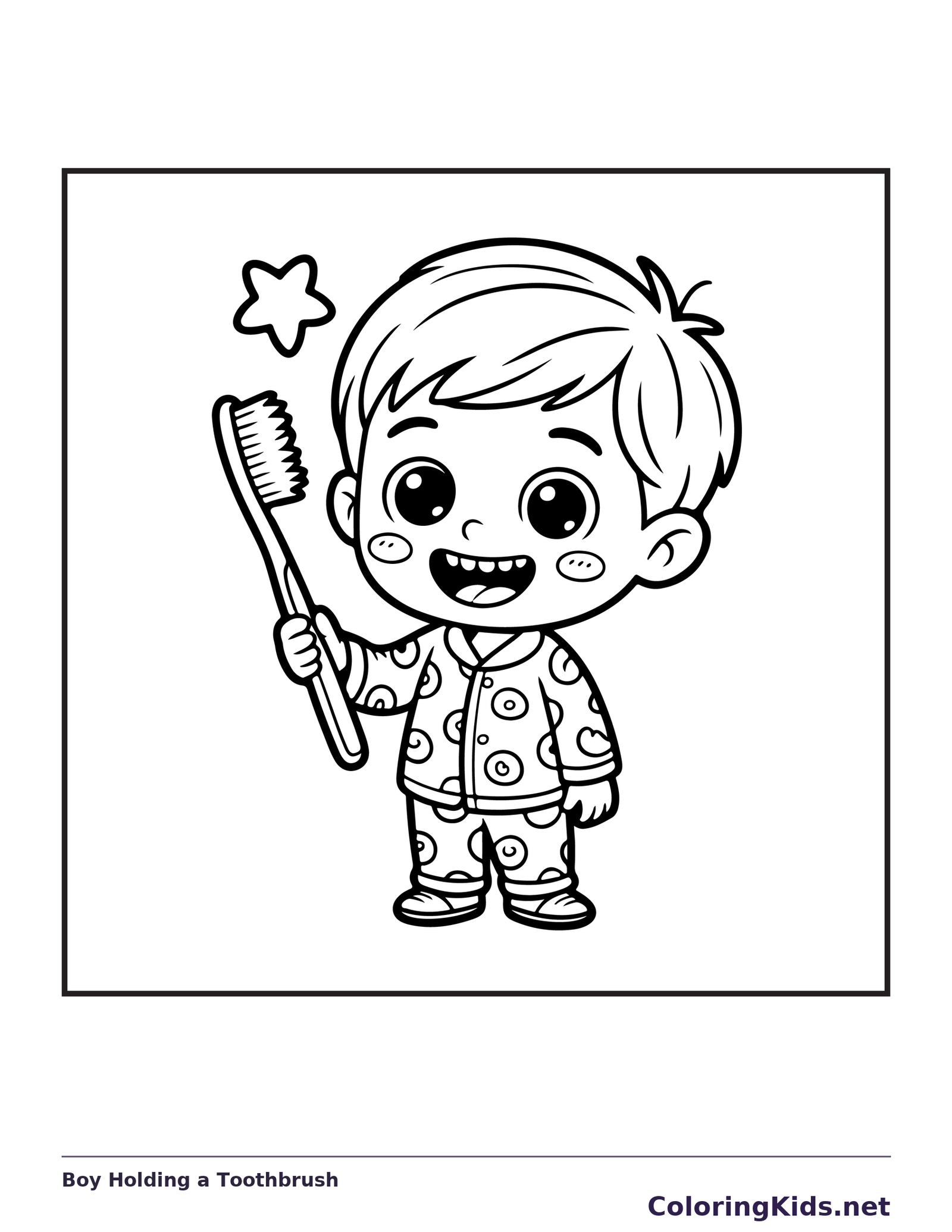 Black and white printable boy holding a toothbrush coloring sheet