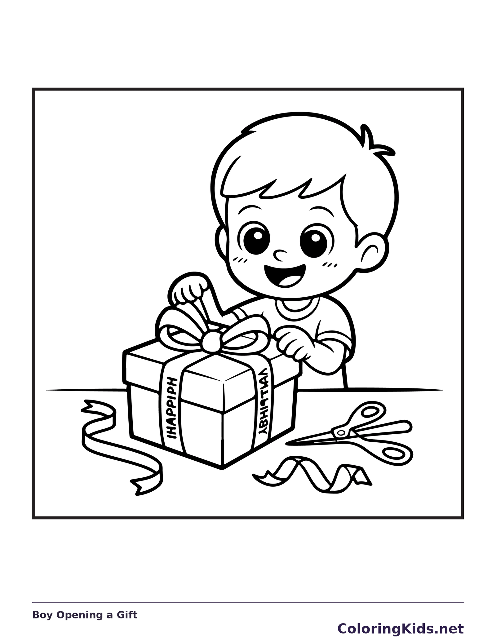 Black and white printable boy opening a gift coloring sheet