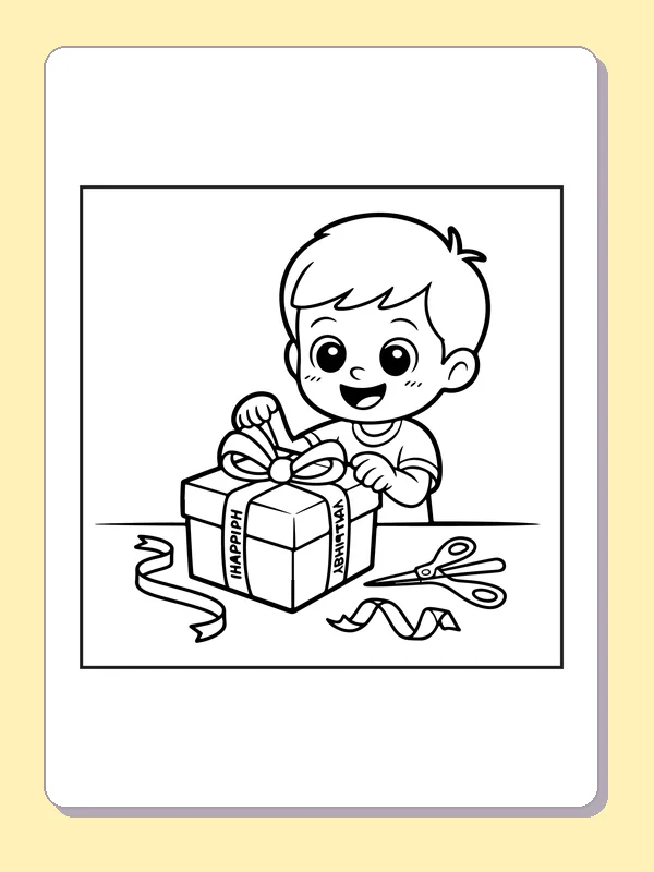 Black and white printable boy opening a gift coloring sheet