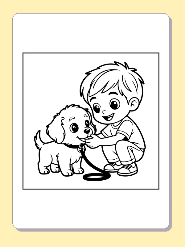 Black and white printable boy petting a puppy coloring sheet