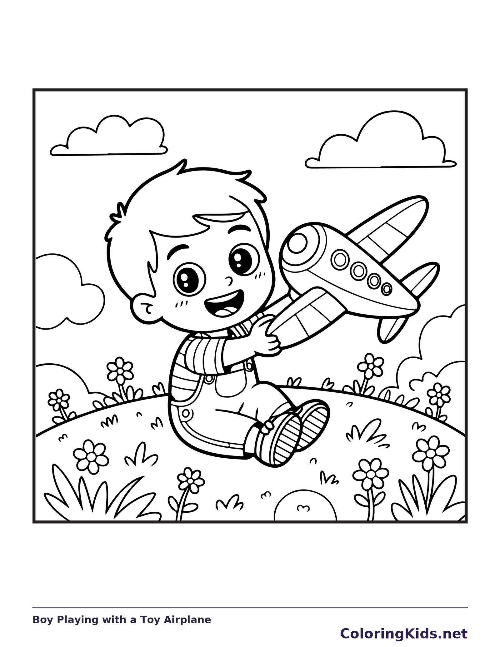 Black and white printable boy playing with a toy airplane coloring sheet