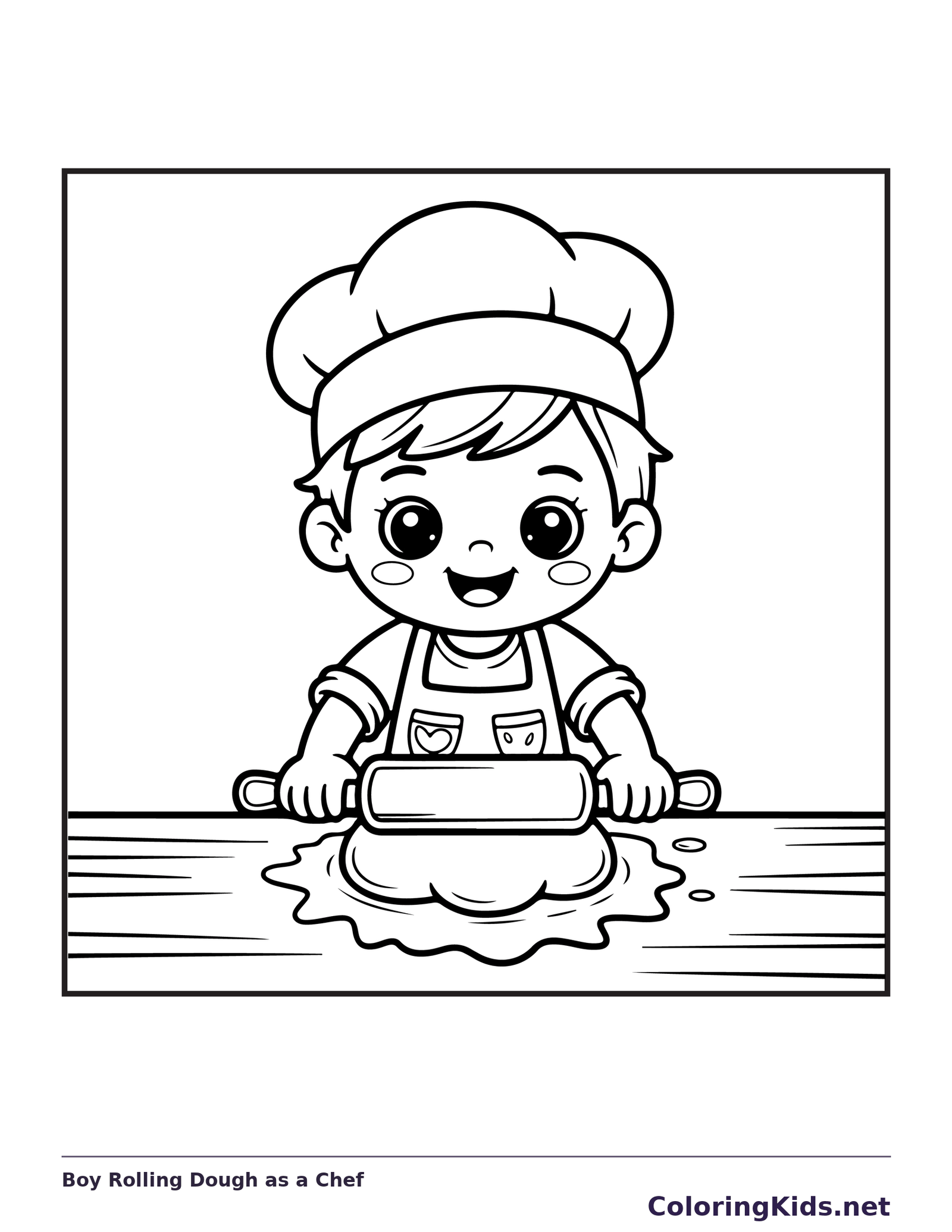 Black and white printable boy rolling dough as a chef coloring sheet