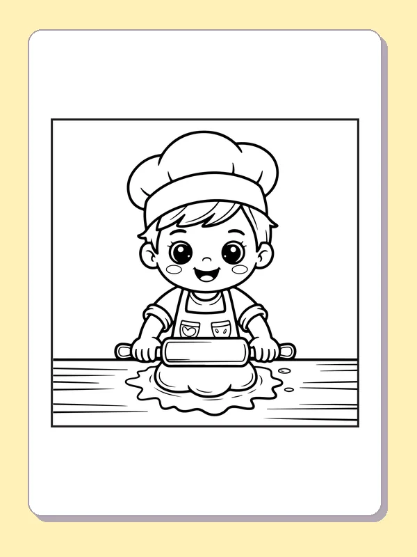 Black and white printable boy rolling dough as a chef coloring sheet