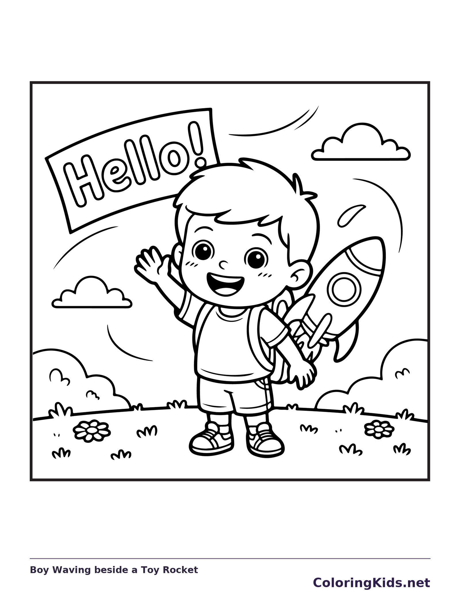 Black and white printable boy waving beside a toy rocket coloring sheet