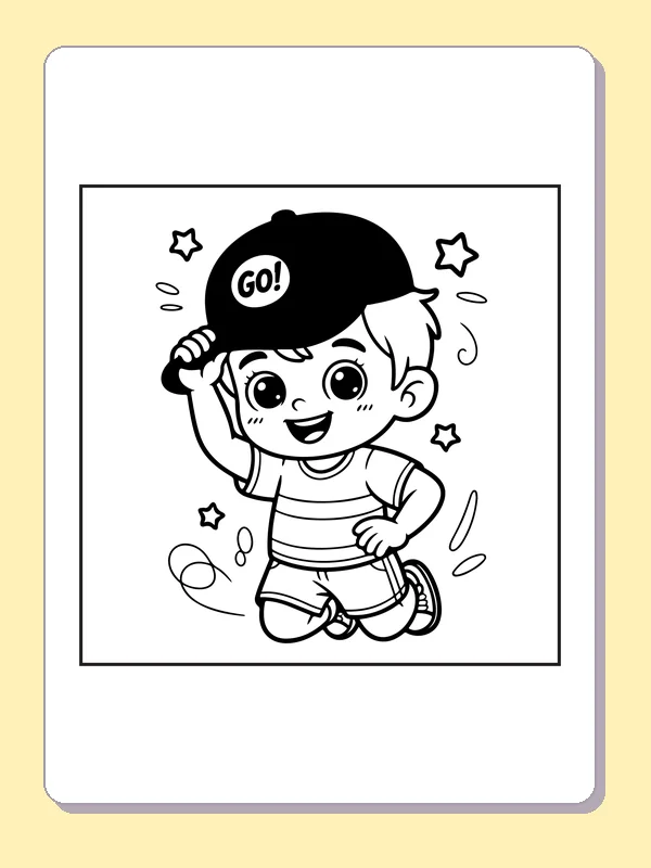 Black and white printable boy wearing a go cap coloring sheet