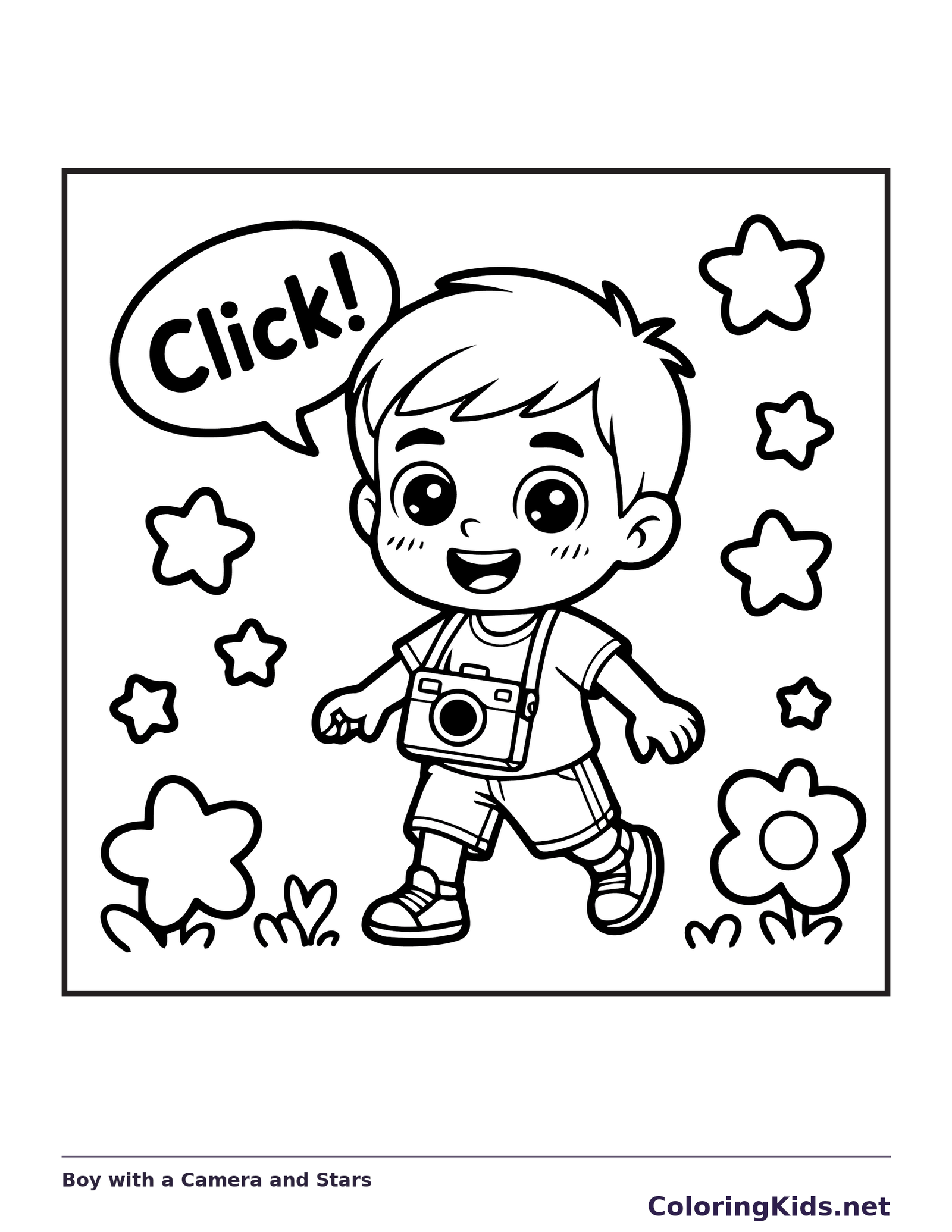 Black and white printable boy with a camera and stars coloring sheet