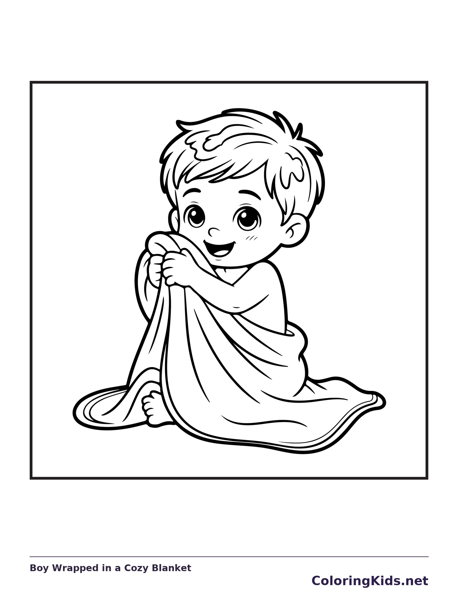 Black and white printable boy wrapped in a cozy blanket coloring sheet