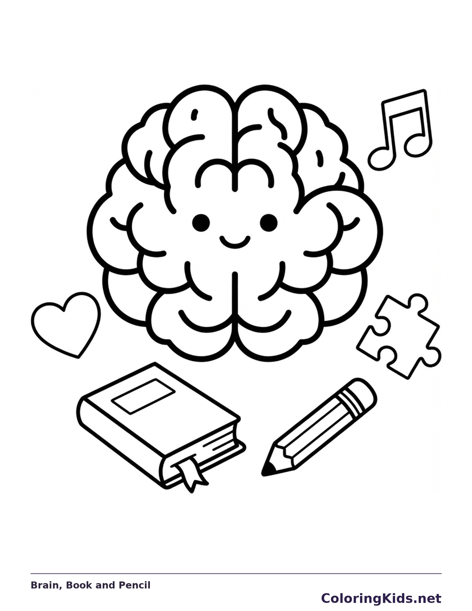 Smiling brain with book, pencil, heart and music note