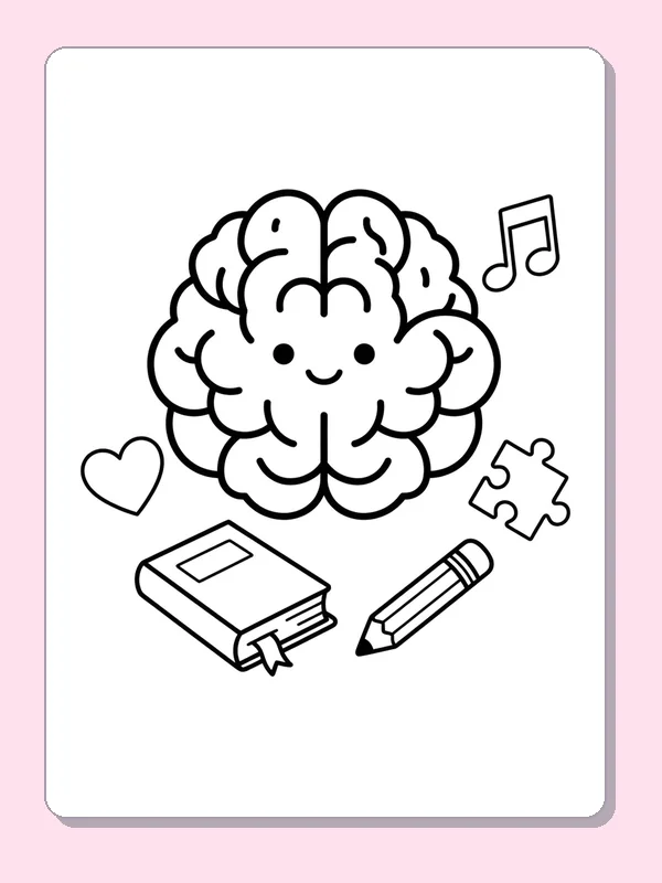Smiling brain with book, pencil, heart and music note