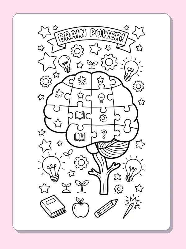 Brain outline with decorative jigsaw seams, gears and stars