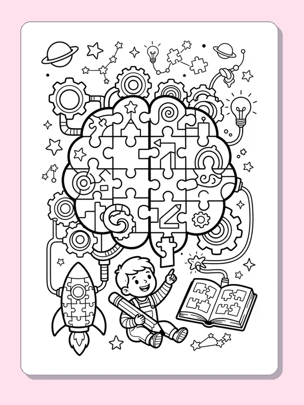 Detailed brain with jigsaw shapes, gears, stars and child reading