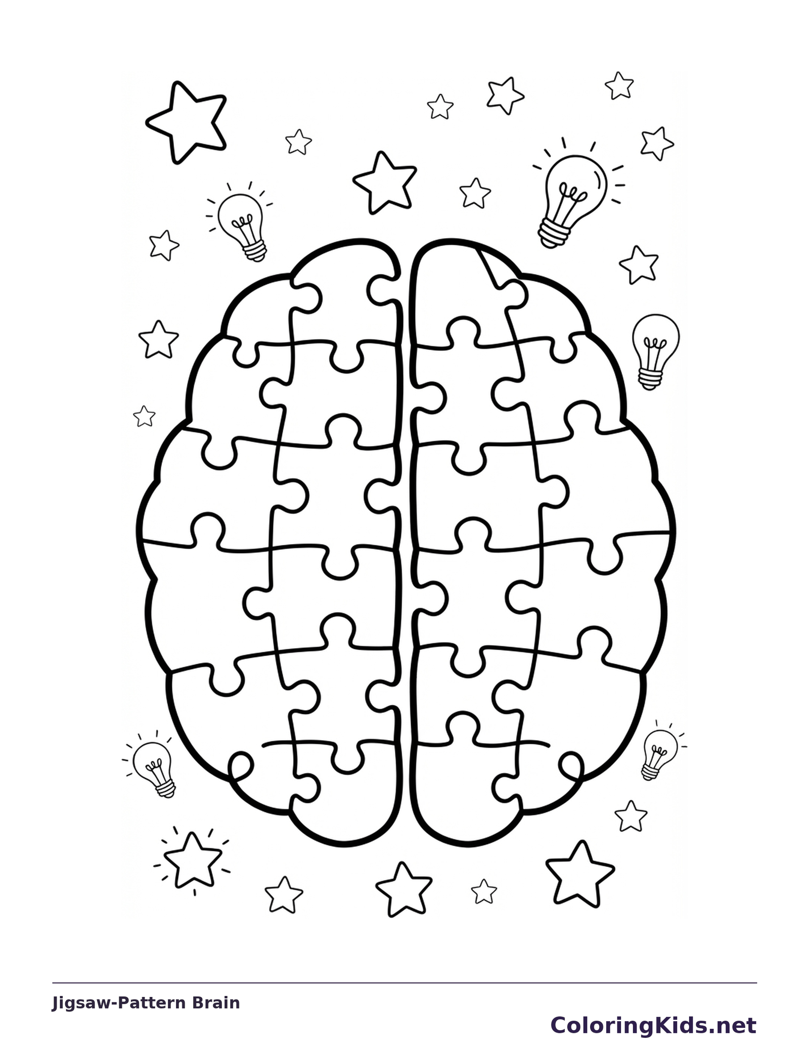 Brain outline divided into decorative jigsaw-like shapes