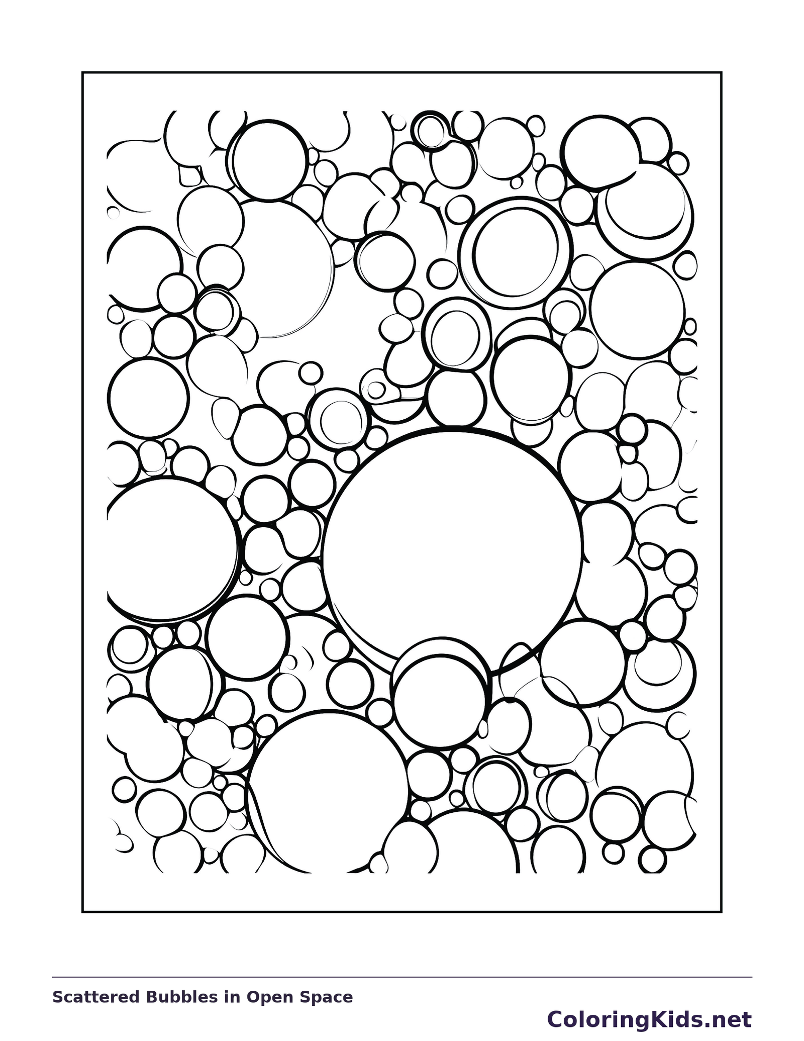 Black and white printable scattered bubbles in open space coloring sheet