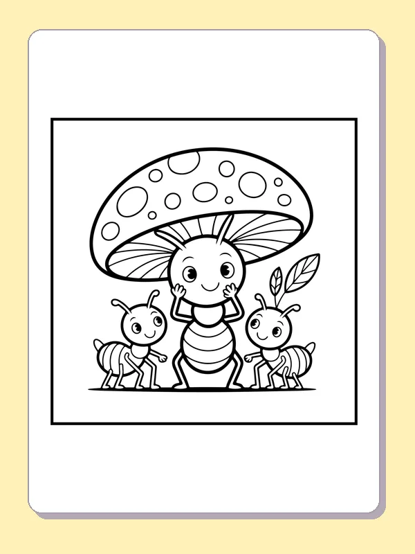 Black and white printable ant family under a mushroom coloring sheet