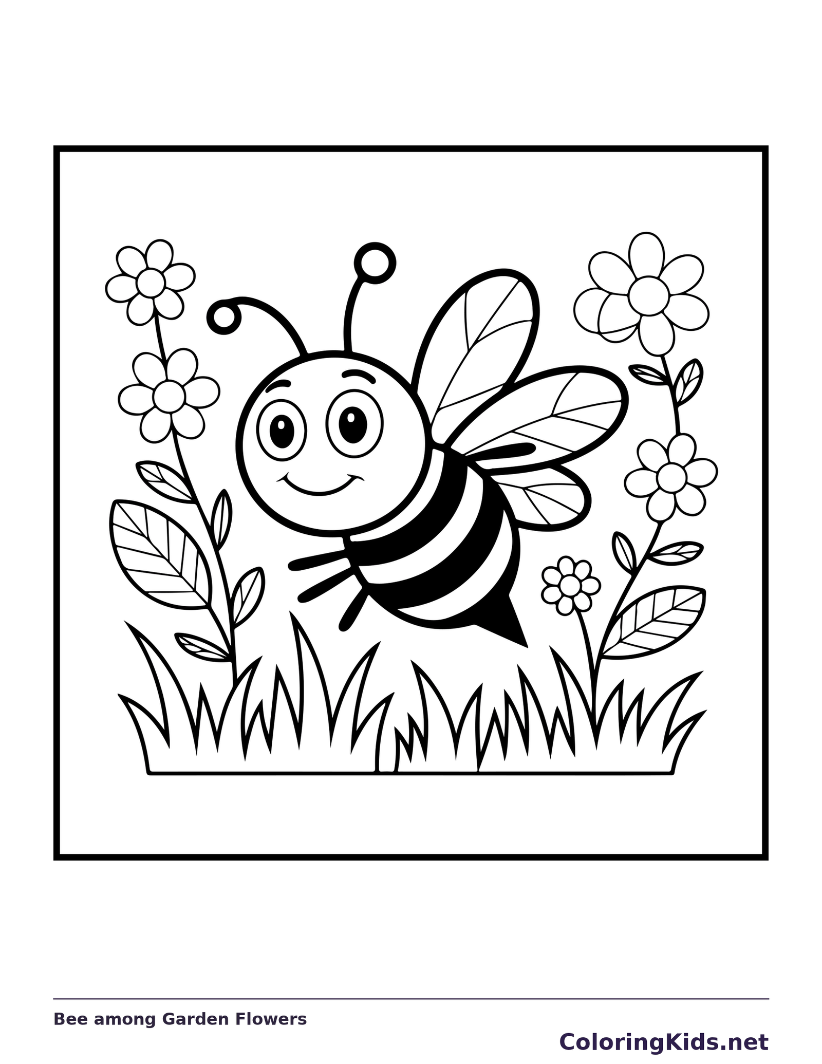 Black and white printable bee among garden flowers coloring sheet
