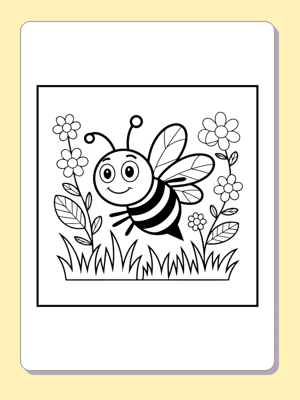 Black and white printable bee among garden flowers coloring sheet