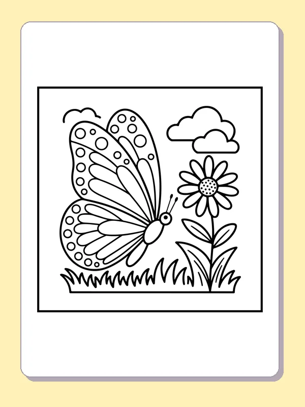 Black and white printable butterfly beside a meadow flower coloring sheet