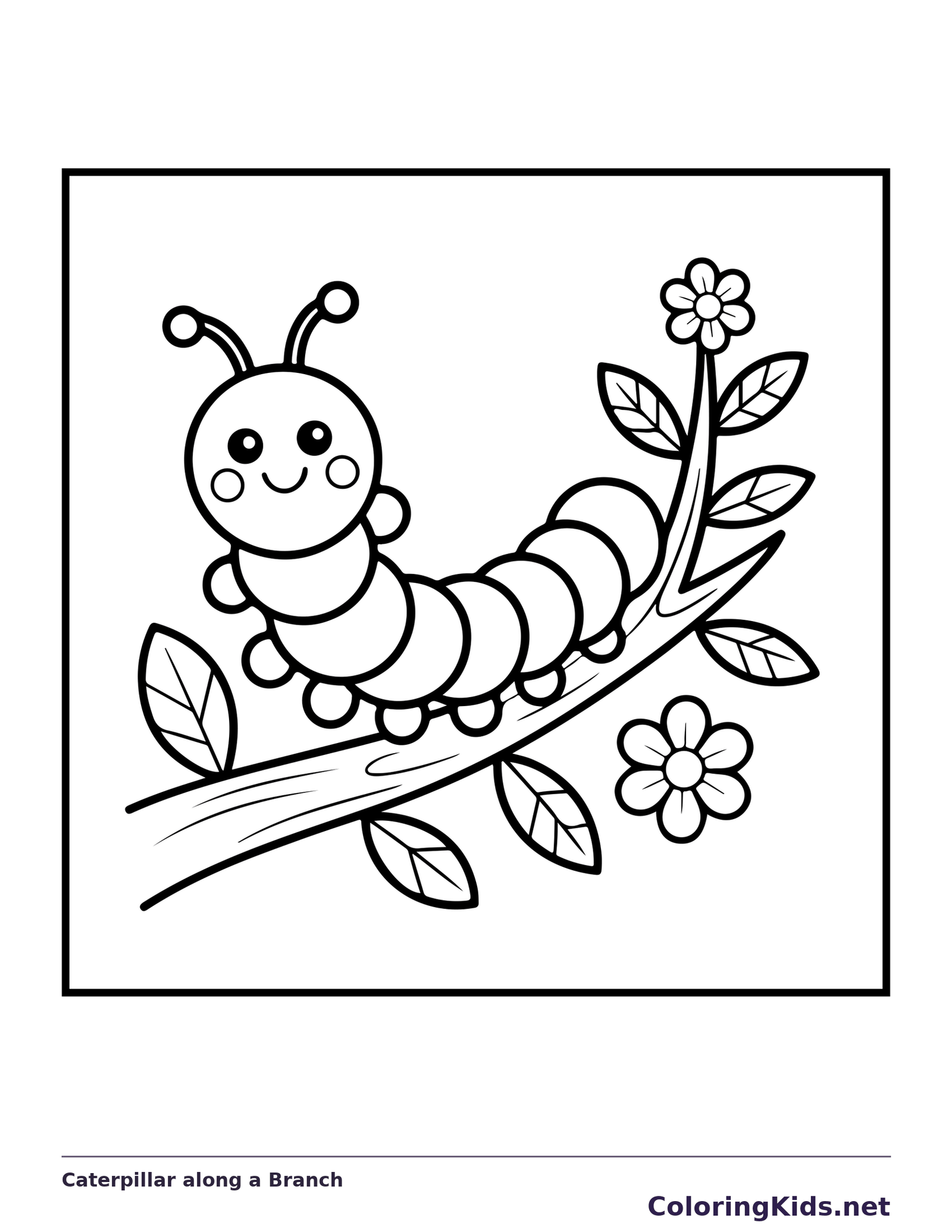 Black and white printable caterpillar along a branch coloring sheet